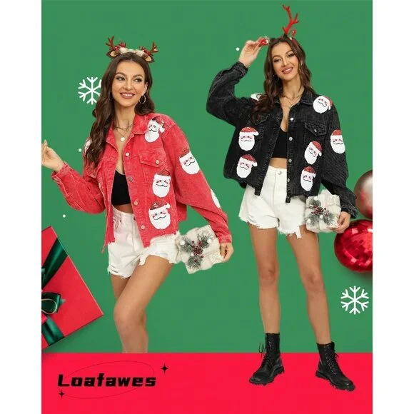 Women's Christmas Distressed Cropped Corduroy Jacket Santa Sequin Patched Short